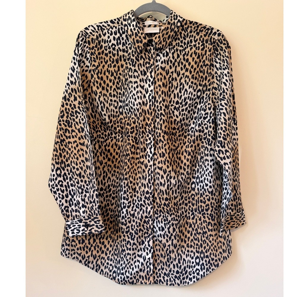 Chico's Size 2 (L) Leopard Print No-Iron Cotton Button Down Tunic Blouse EUC